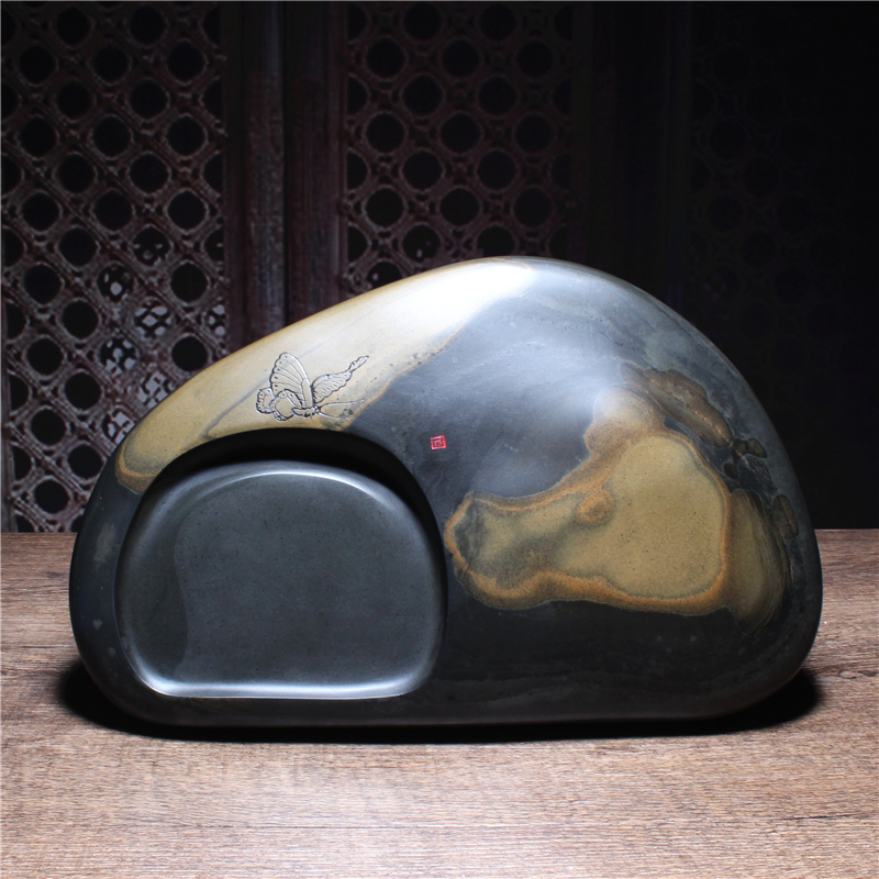 童趣  歙砚金皮晕籽料自然原石实用砚台摆件兼端砚精品文房收藏
