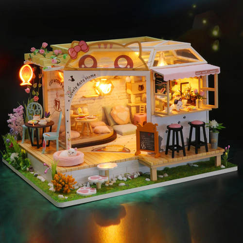 休闲猫咖后花园弘达diy创意手工小房子木屋带灯生日礼物立体模型
