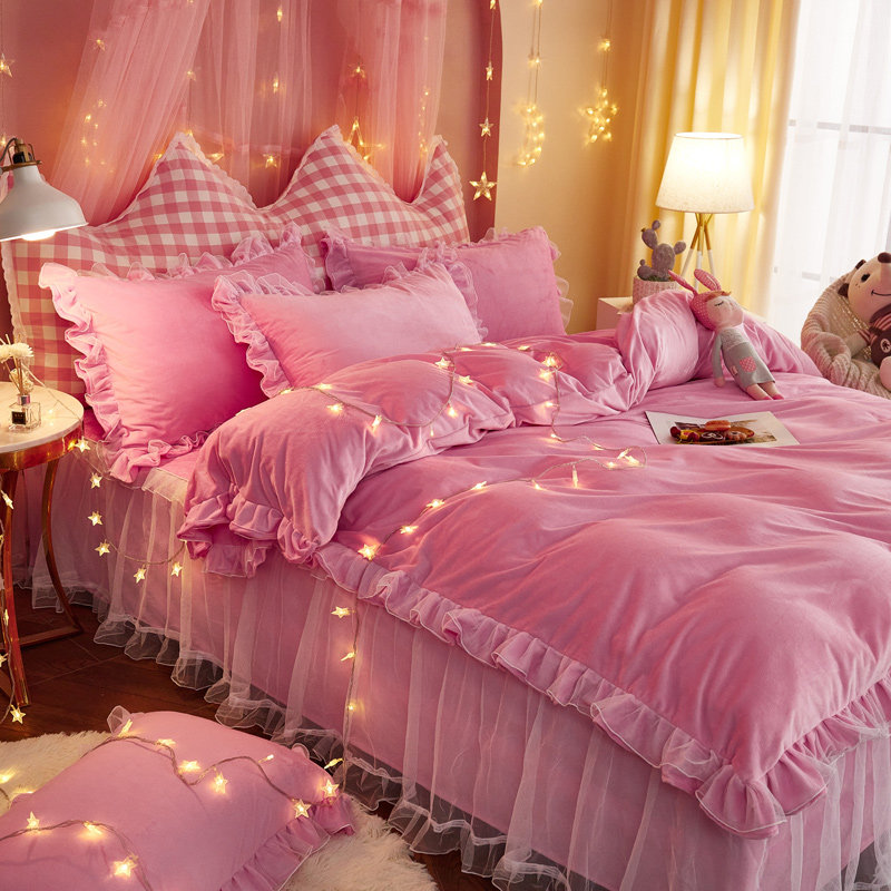 粉色少女心公主风蕾丝韩式加绒加厚牛奶绒水晶绒床裙款四件套被套,床上用品,床品套件/四件套/多件套,淘宝优惠券,粉丝福利购,淘宝优惠卷