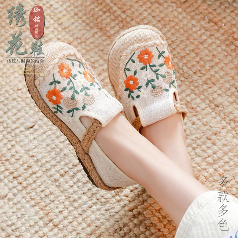 新款亚麻布鞋平底绣花鞋大头女鞋复古单鞋渔夫鞋民族风松紧套脚鞋