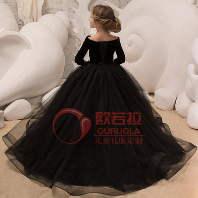 女童丝绒长袖生日晚宴公主裙儿童大提琴模特走秀钢琴表演出晚礼服