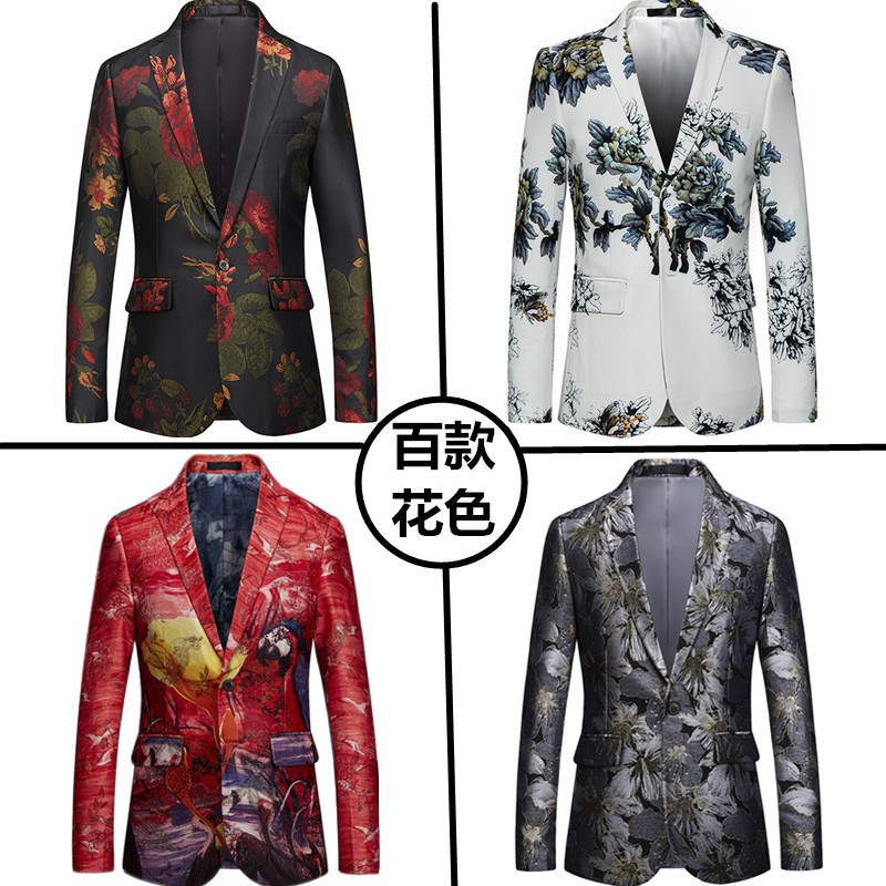 男士时尚商务休闲花西装外套修身青年大码宴会礼服小西服上衣潮男