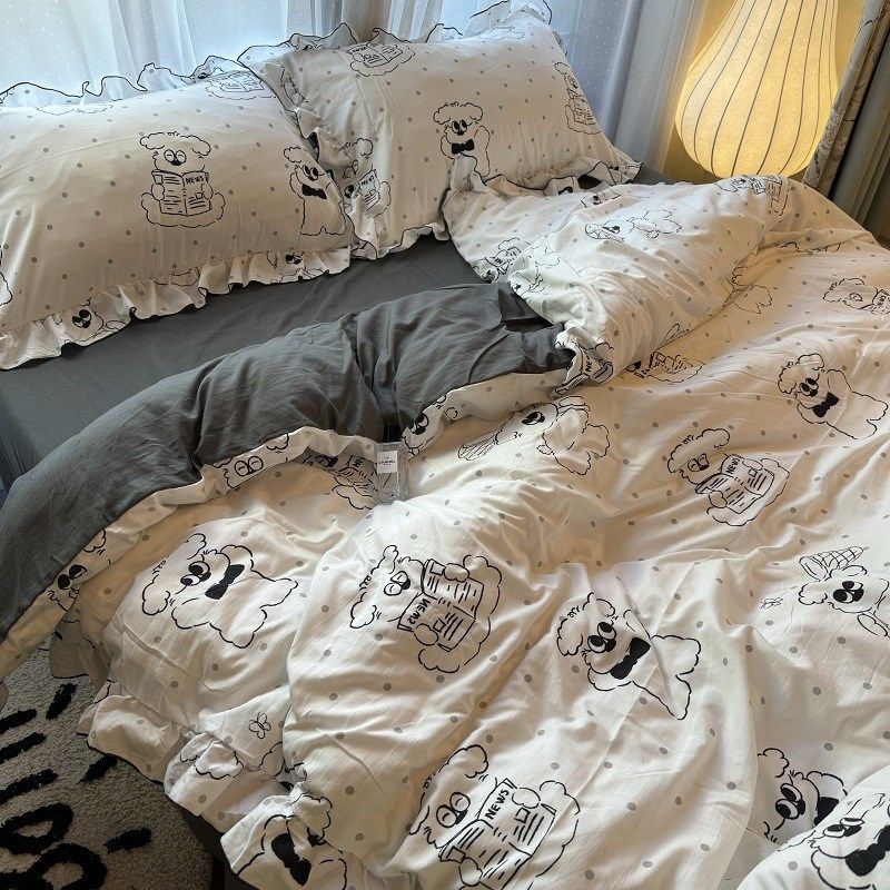 韩系双层纱卡通可爱狗狗被套床单四件套柔软纯色水洗棉宿舍三件套,床上用品,床品套件/四件套/多件套,淘宝优惠券,粉丝福利购,淘宝优惠卷