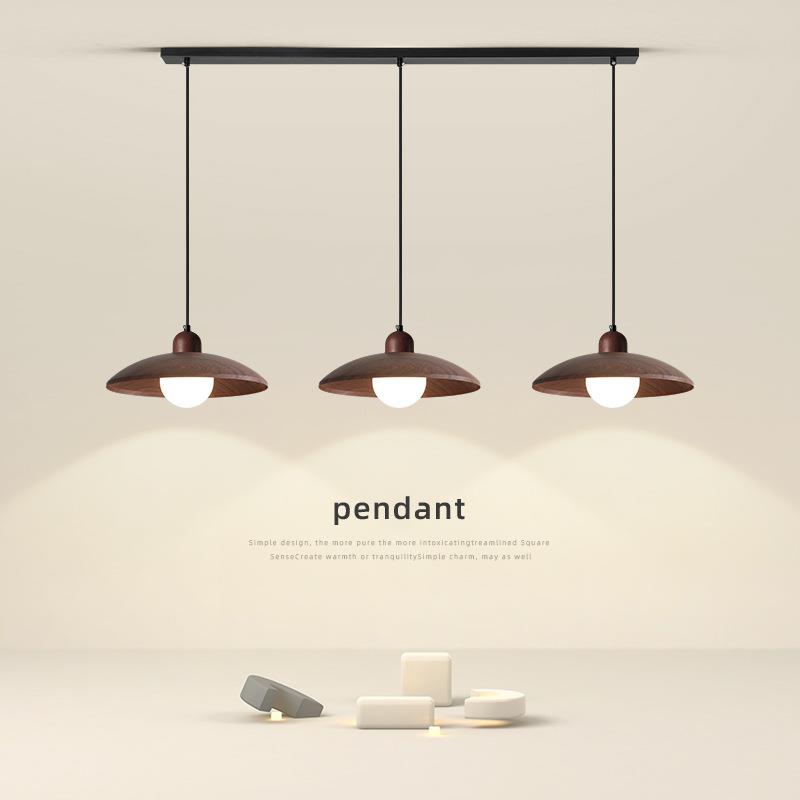 中古侘寂风餐厅吊灯胡桃木色简约个性艺术飞盘3头餐桌吧台小吊灯