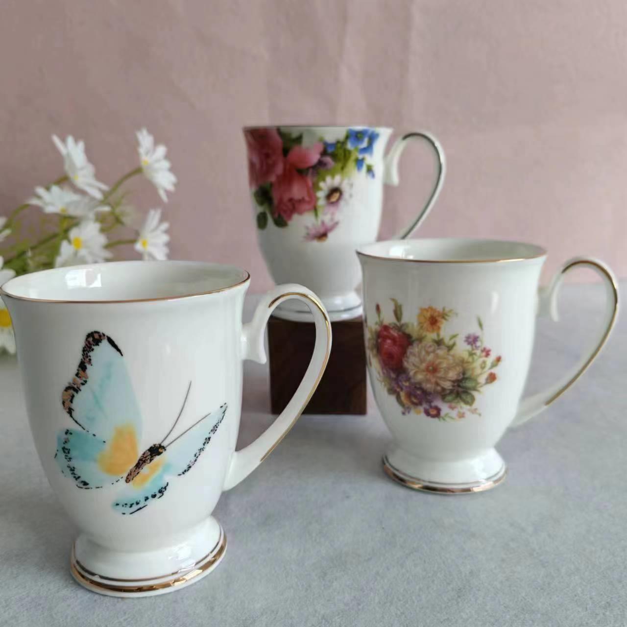 创意陶瓷多款花色日用水杯咖啡牛奶早餐杯骨瓷高脚马克杯