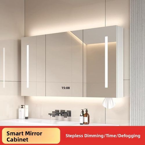 奶油风实c木智能浴室镜柜挂墙式卫生间浴室镜子洗手间置物架储物