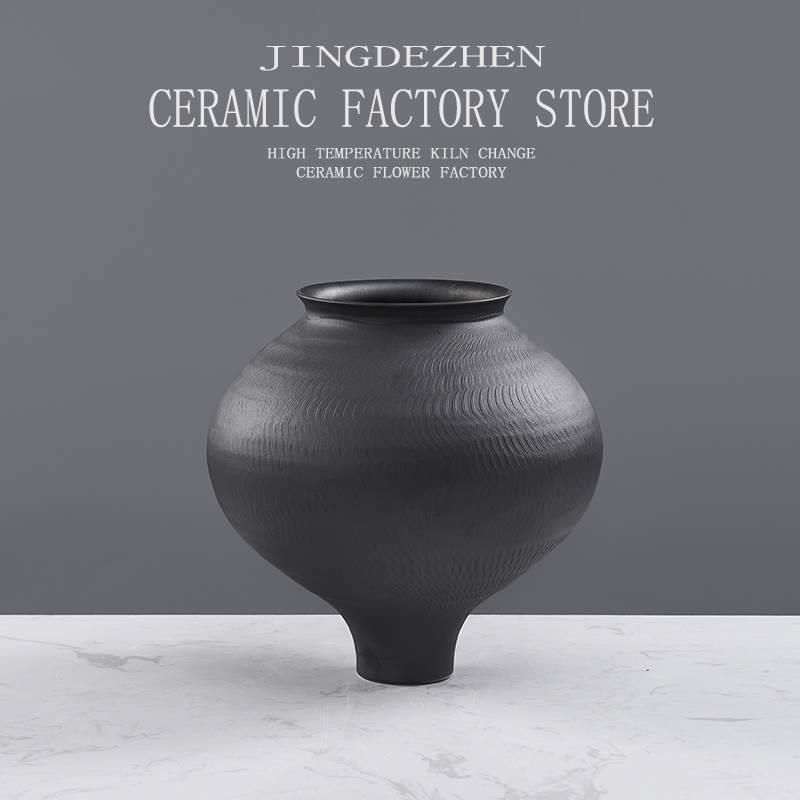 新中式禅意黑色粗陶陶罐摆件高级感陶瓷花瓶客厅酒店样板间装饰品,家居饰品,花瓶,淘宝优惠券,粉丝福利购,淘宝优惠卷