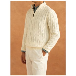 RL秋冬季经典长袖套头半拉链绞花休闲混纺打底纯色男士毛衣针织衫