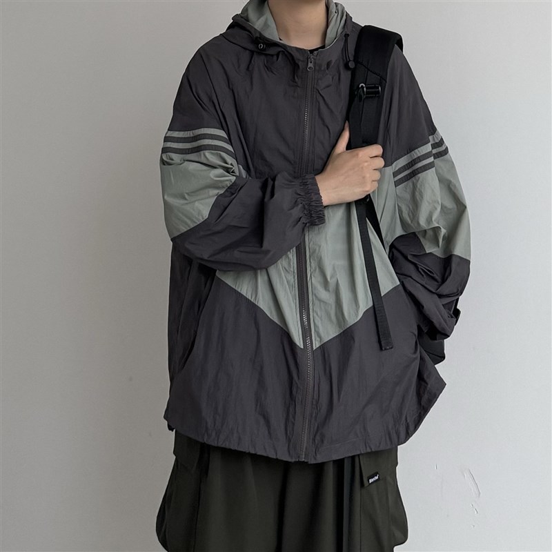 B东日系男装户外休闲拼接宽松连帽拼色防晒服薄款夏季防晒衣外套
