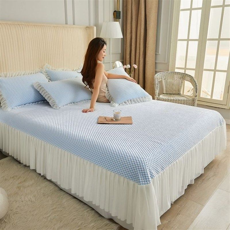 可机洗按豆豆冰丝凉席三件套用于2.0*2.2床床裙款凉感丝可折叠