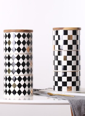 北欧现代简约几何图案收纳储物罐三层陶瓷密创意封罐软装饰品摆件