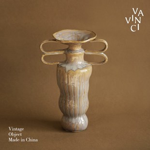 梵其侘寂风复古创意双耳陶瓷花瓶样板间民宿客厅桌面艺术感插花器