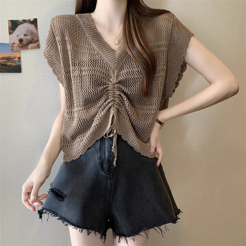 冰丝短袖t恤女夏季薄款2024新款宽松大码短款镂空针织衫抽绳上衣