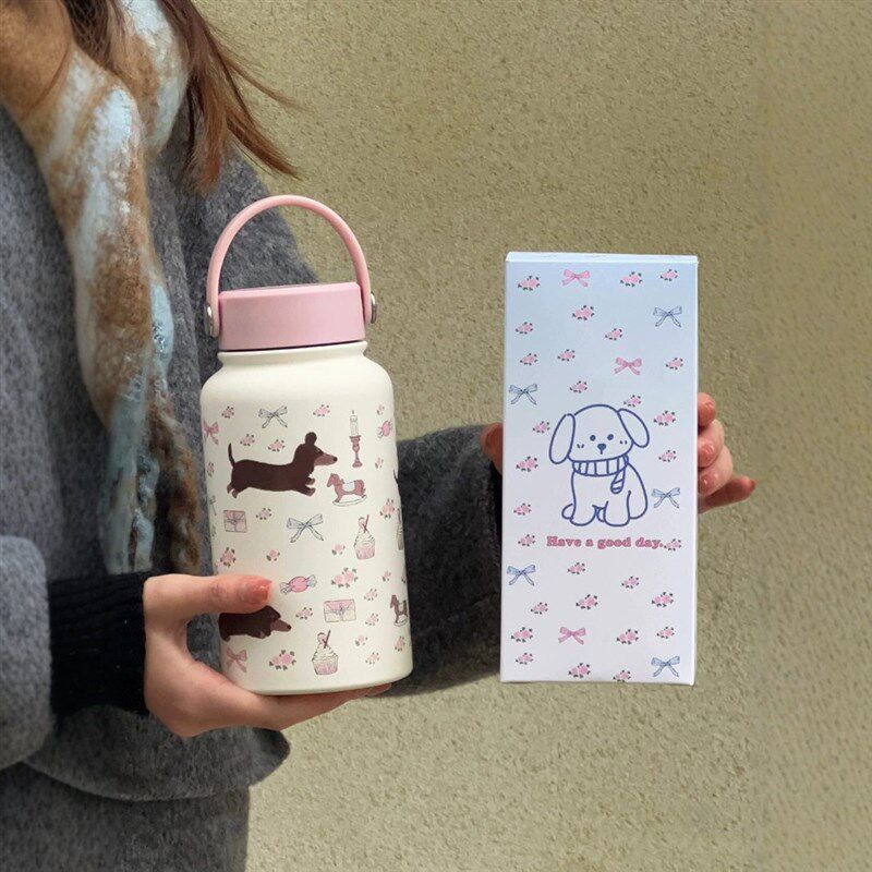 可爱卡通保温杯女2025新款大容量手提杯子不锈钢水杯随身便携水壶