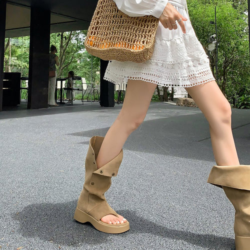 不二橘靴子女夏美拉德长靴厚底夹趾凉靴人字拖裤管西部牛仔堆堆靴