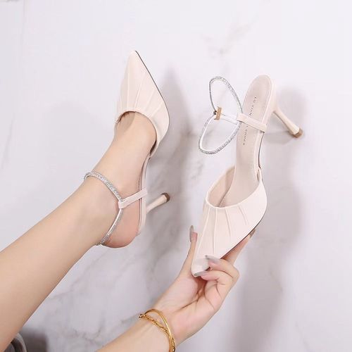 包头凉鞋女款夏季外穿水钻尖头拖鞋女两穿半拖鞋一字带高跟鞋细跟