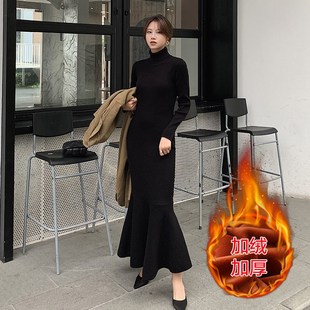 秋冬加绒加厚鱼尾连衣裙女长款高领保暖修身内搭打底毛衣裙长裙冬