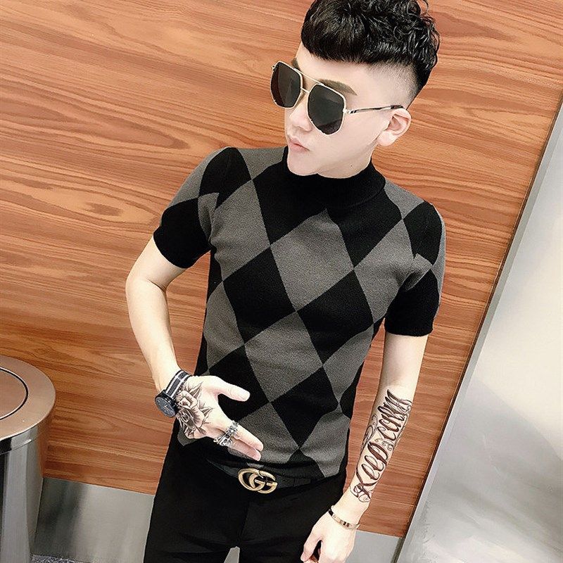 2021秋冬新款半高领短袖针织衫男士韩版修身打底衫中领格子毛衣