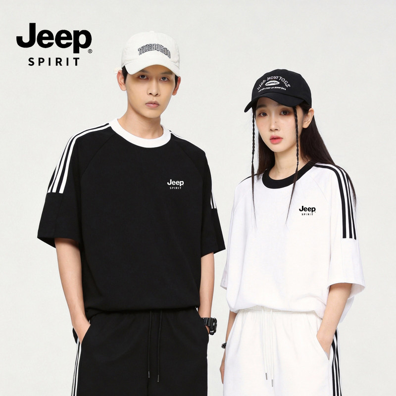 JEEP SPIRIT夏季纯棉短袖T恤情侣款230g宽松休闲运动风三条杠上衣