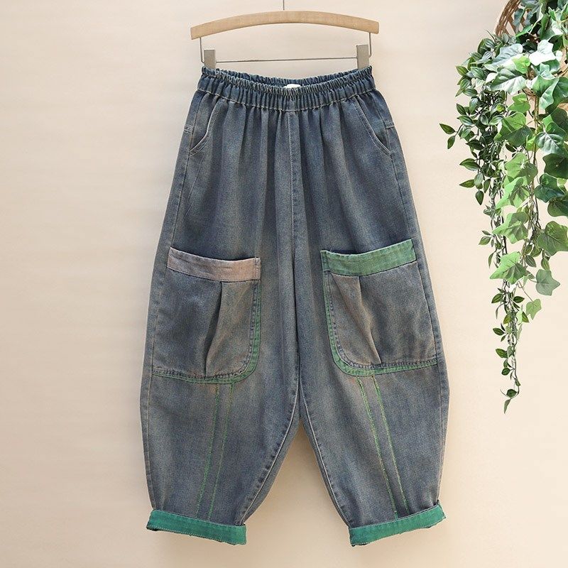 做旧磨破牛仔老爹裤女春秋款裤子胖mm显瘦百搭撞色拼接小脚哈伦裤,女装/女士精品,牛仔裤,淘宝优惠券,粉丝福利购,淘宝优惠卷