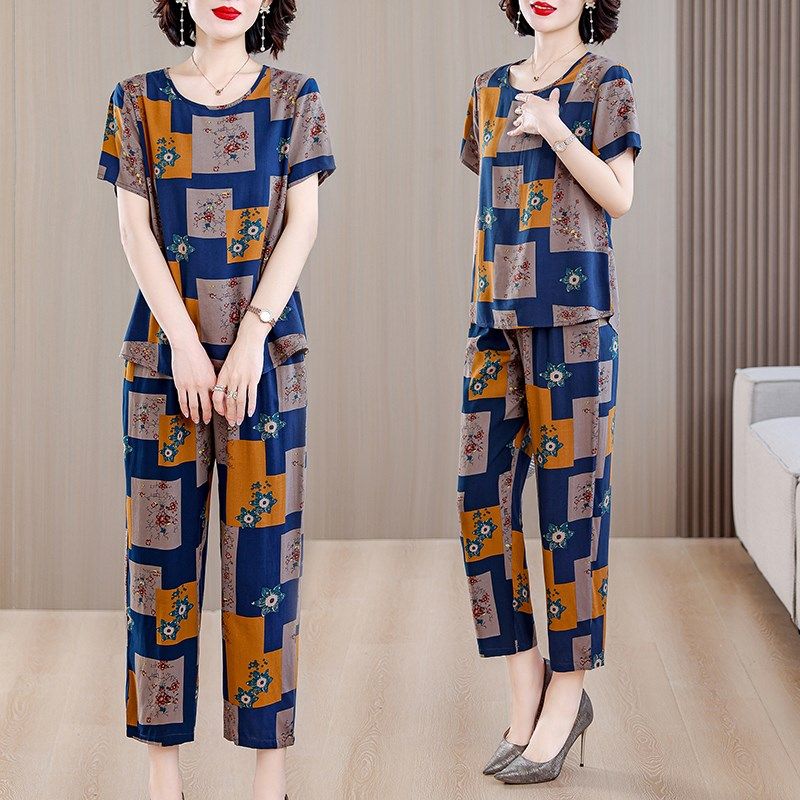 2025夏季新款时尚棉绸套装女外穿洋气休闲妈妈装短袖人造棉两件套,女装/女士精品,时尚套装,淘宝优惠券,粉丝福利购,淘宝优惠卷