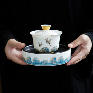 盖碗茶杯单个羊脂玉白瓷家用大号陶瓷敬茶碗可蓄水小茶盘干炮壶承