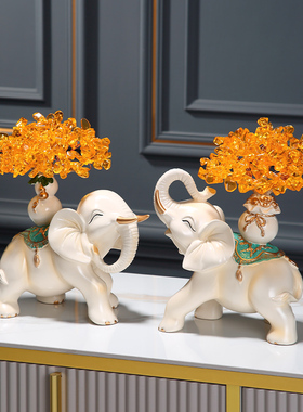 大象摆件一对招财纳福客厅玄关电视柜装饰品创意水晶树新家摆设