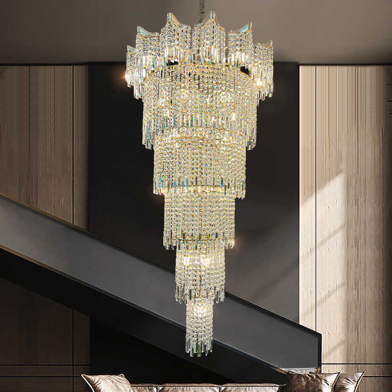 复式楼客厅大吊灯别墅中空楼梯长吊灯复J式楼中楼挑空轻奢水晶灯