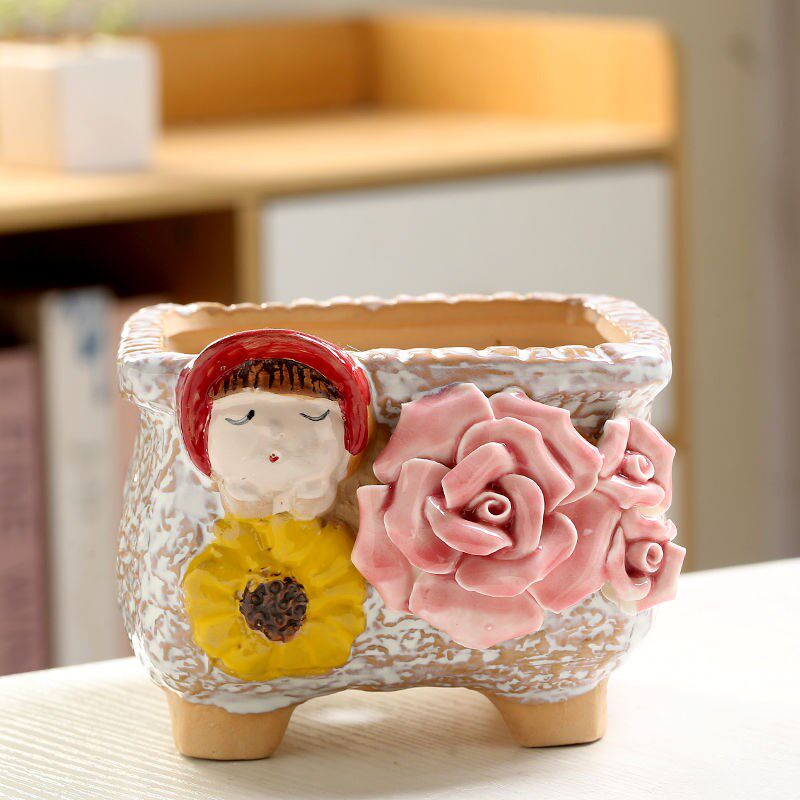 大口径花盆装g饰捏花手工多肉花盆陶瓷彩绘阳光女孩创意个性造型