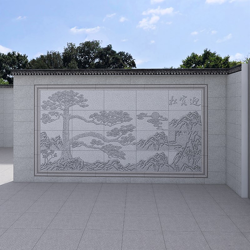 迎客松影壁墙雕花瓷砖现代风福字外墙壁画室外围S墙造型窗花防冻