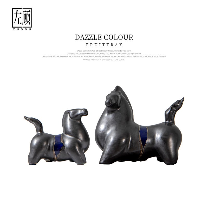 新中式博古架工艺品家居s禅意酒柜陶瓷小马软装饰品客厅珐琅彩摆