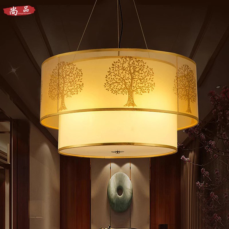 新中式吊灯简约羊皮餐厅灯现代客厅灯具茶L楼圆形古典布艺卧室灯