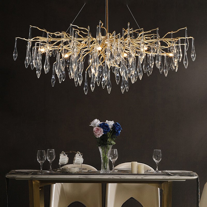 新款铝材艺术后现代轻奢水晶吊灯长条H形创意树枝灯网红客厅餐厅