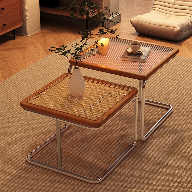 实木茶几客厅家用小户型藤编玻璃组合茶桌中古风S沙发边几简约茶