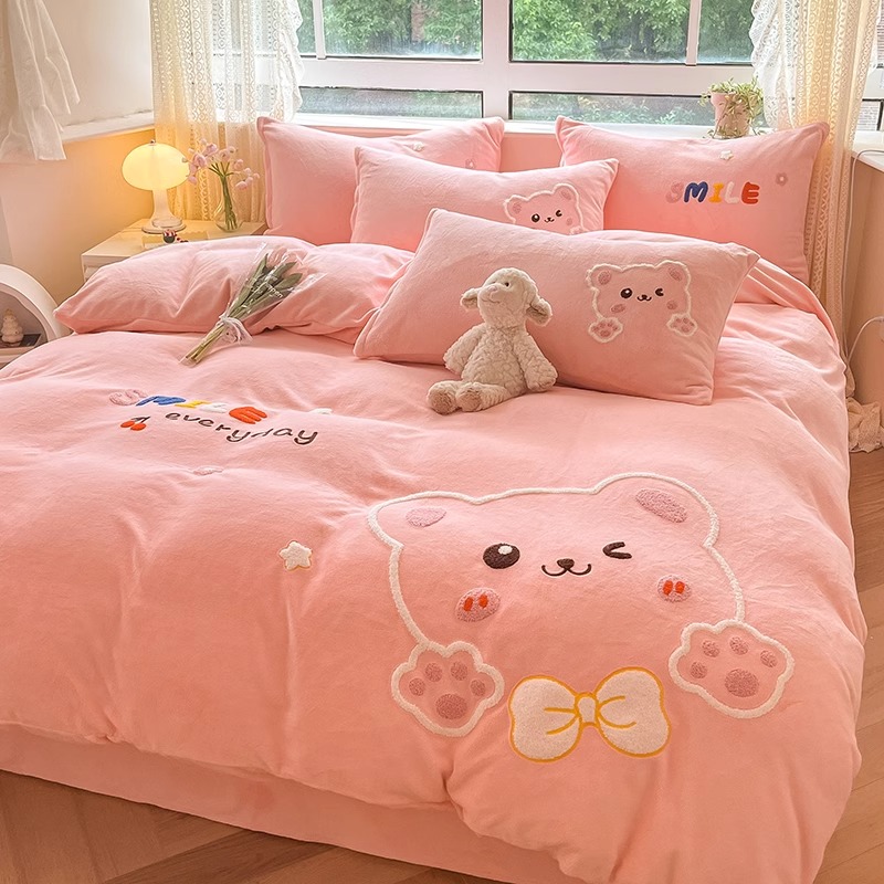 冬季保暖牛奶绒四件套双面绒加A厚被套床单珊瑚绒法兰绒公主风卡