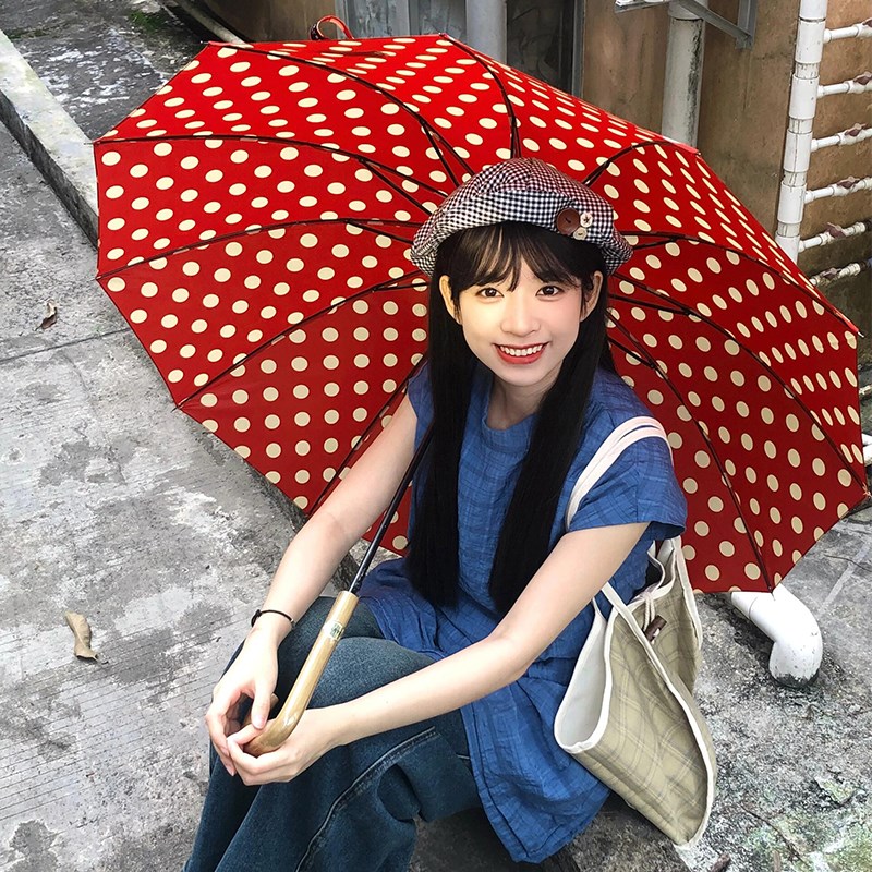 红色波点雨伞2i024年新款加大加厚加固长柄伞抗强风暴雨女生