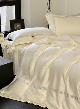 纯色高级b感双面天丝床单四件套极简线条刺绣凉感裸睡被套床上用