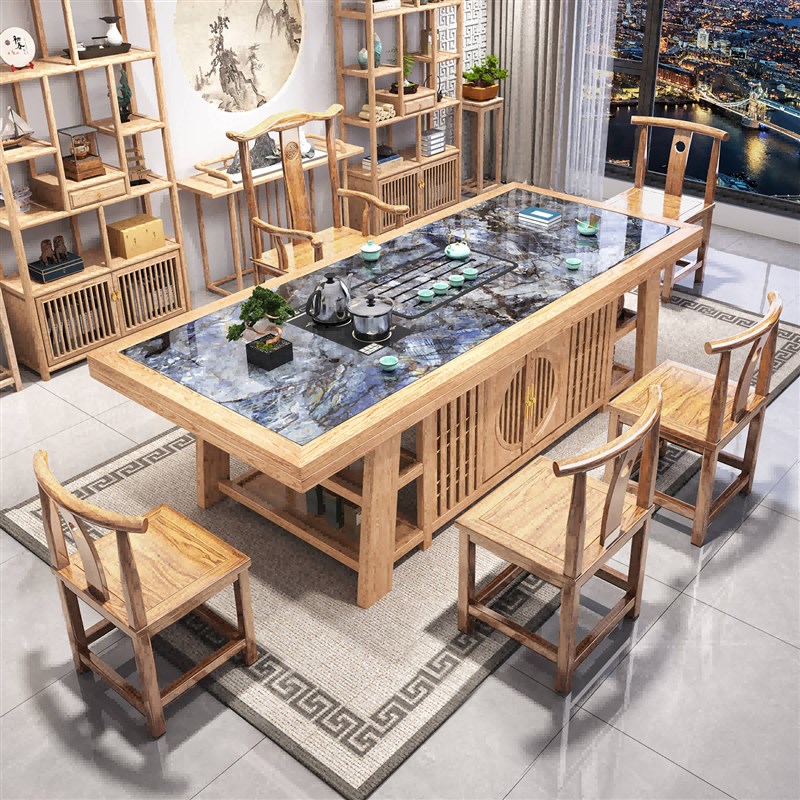 轻奢岩板实木大板茶桌椅组u合新中式现代家用茶台一桌五椅简约茶