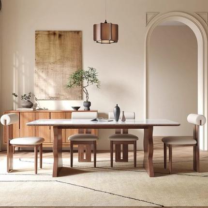 中古风实木岩板餐桌现代简约轻奢小户型家用白蜡木长方形饭桌