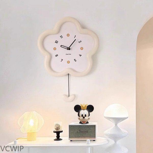 l1s奶油打孔钟表挂钟网红客厅挂墙2023创意花朵新款静音摇摆时钟,家居饰品,挂钟,淘宝优惠券,粉丝福利购,淘宝优惠卷