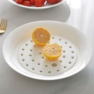 优质纯白无铅骨瓷有孔蒸盘大饺子盘沥水家用釉下彩微波炉陶瓷漏盘