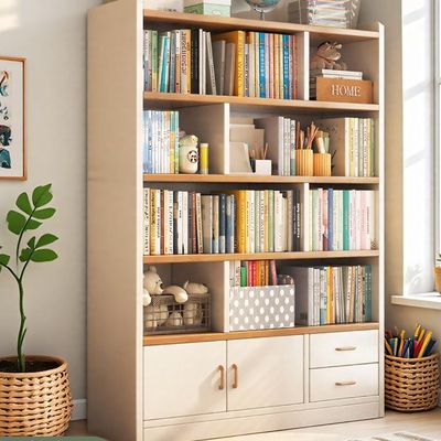 实木书柜学生家用儿童书架落地置物架客厅带柜门储物柜子一体靠墙