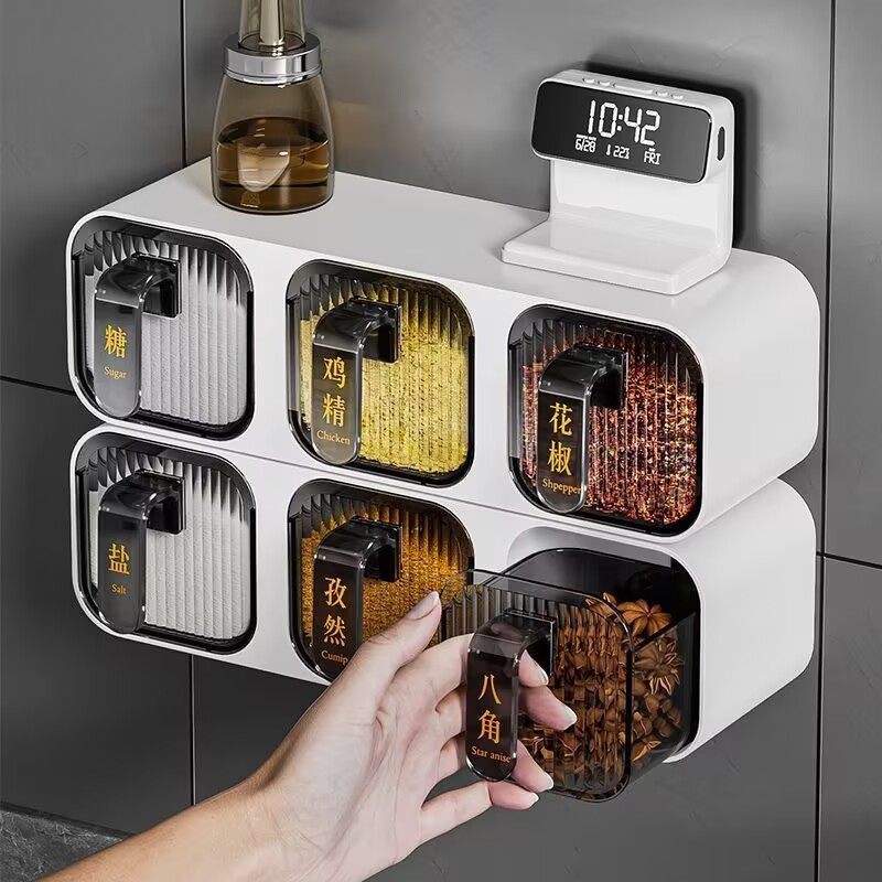 调味盒家用厨房收纳置物架壁挂式免打孔盐味精佐料调料罐多格一体,收纳整理,壁式收纳盒,淘宝优惠券,粉丝福利购,淘宝优惠卷