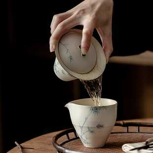 粉引白手绘墨竹马蹄盖碗 家用陶瓷二才泡茶碗茶杯手抓碗 娴雅清逸