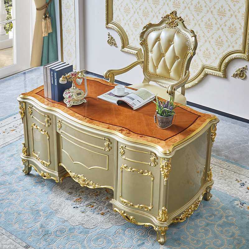 欧式书桌奢华全实木别墅实木桌办公桌高档香槟金书台书房家具套装