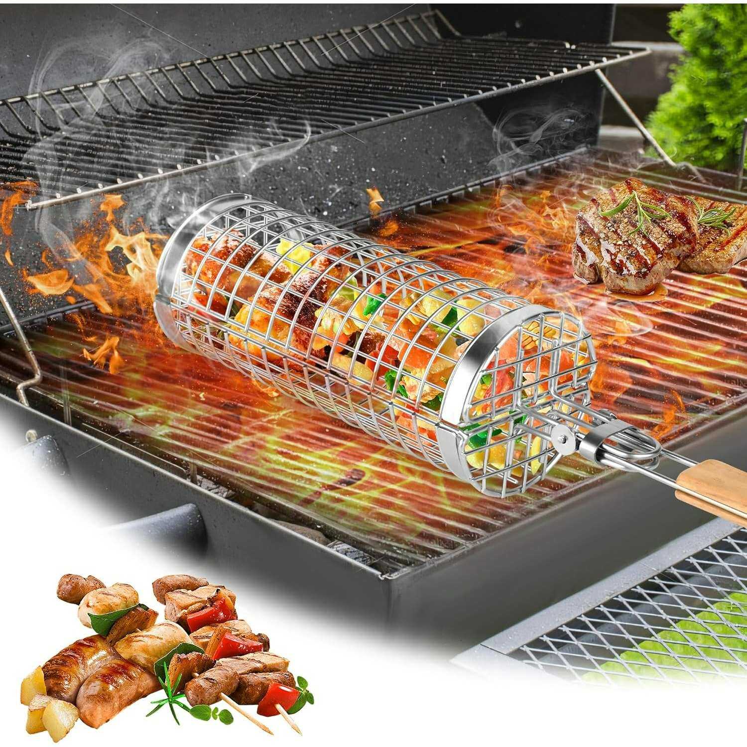 亚马逊旋转圆形烧烤笼不锈钢BBQ烧烤网滚筒户外露营烧烤工具套装