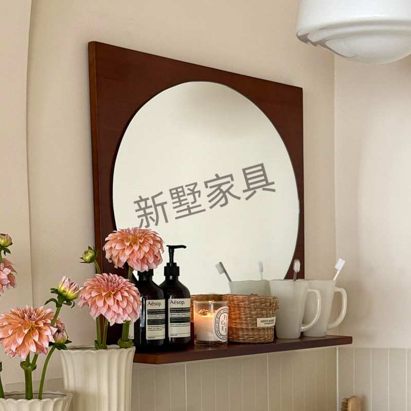 北欧简约胡桃木色L镜带置物架隔板洗手间化妆镜子