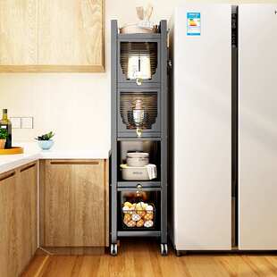 带门厨房置物架多层落地防尘餐具碗碟电器锅具夹缝小型橱柜储酬恒