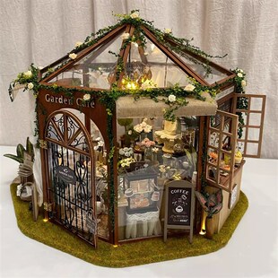 diy花间咖啡微缩场景小屋手工拼装别墅木质模型积木益智儿童玩具
