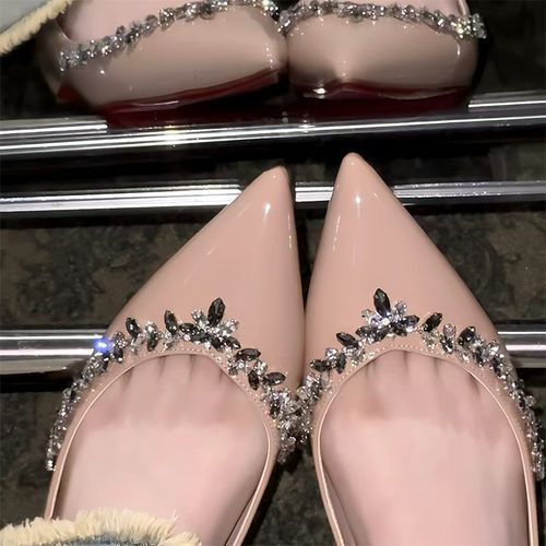 2024年新款气质尖头裸色水钻漆皮内增高浅口低跟红底平跟鞋单鞋女